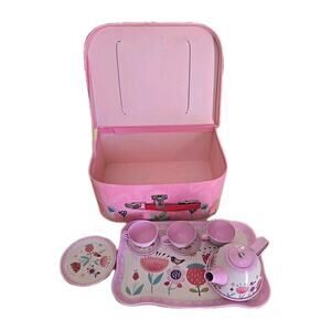 D-FantiX Pink Kids Tin Tea‎ Time Party Set with Metal Teapots and Carry Case